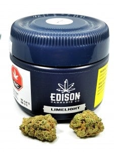 limelight strain review picture of container and cannabis flower by cannabis sensei