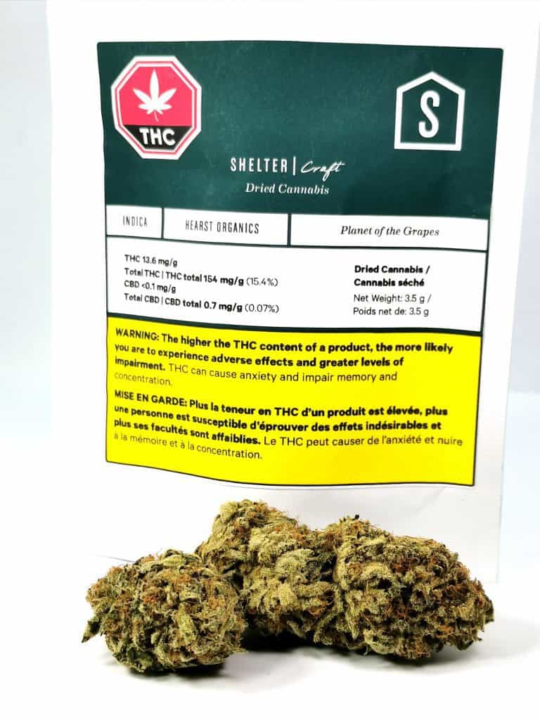 planet of the grapes strain review picture of packaging and cannabis