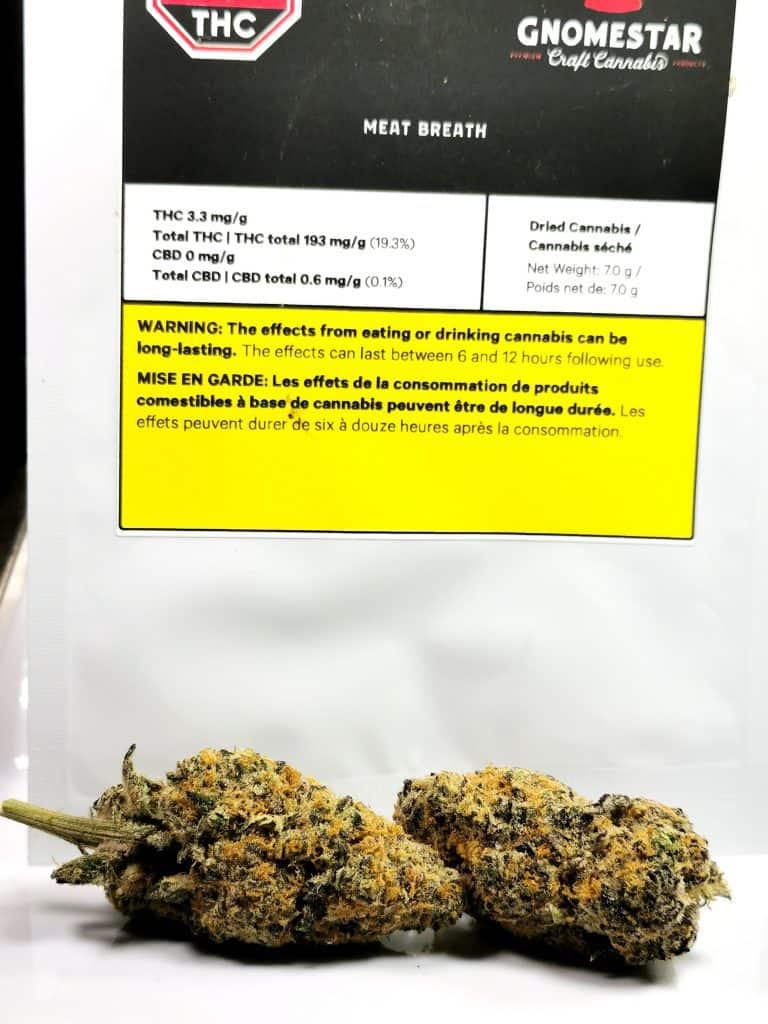 Meatbreath by Gnomestar picture of cannabis and packaging. 