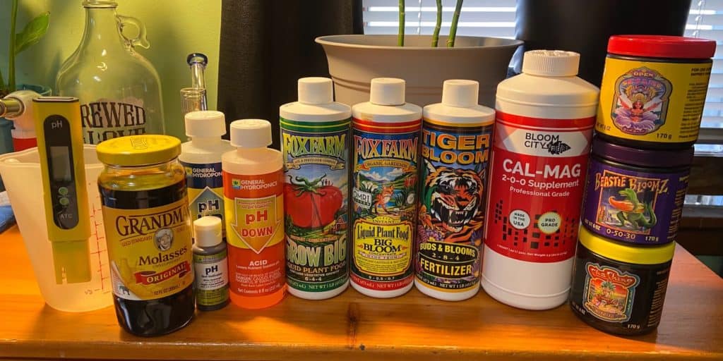 array of nutrient solutions and fertilizers