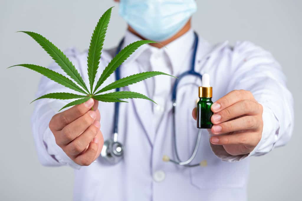 medical doctor holding cannabis leaf and bottle of cannabis oil on white background