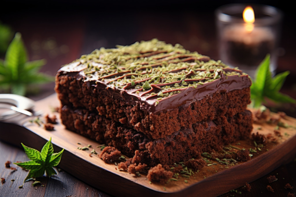 Delicious cannabis brownie garnished with marijuana leaf on top - featured image