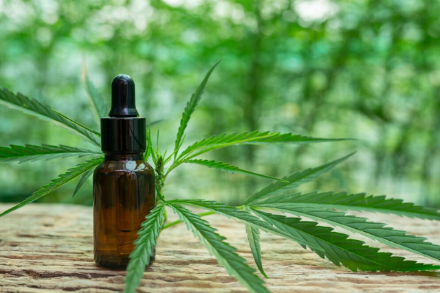 CBD oil in a brown bottle