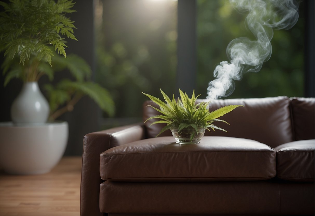 A leather couch with weed smoke hovering above it, while a scientific diagram of odor absorption is displayed on a nearby table