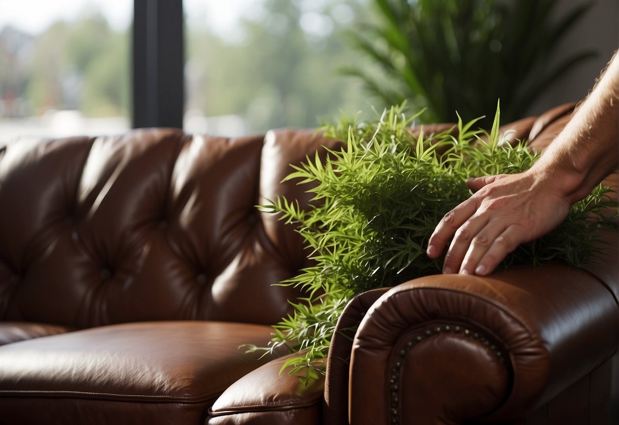 A leather couch with a lingering weed smell being effectively cleaned using specialized techniques