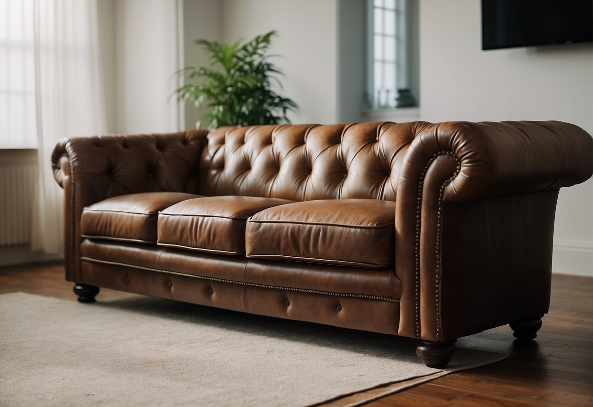 A leather couch sits in a clean, well-lit room. A bottle of leather cleaner and a cloth are nearby, suggesting regular maintenance. A faint whiff of weed lingers in the air, but the leather remains unaffected