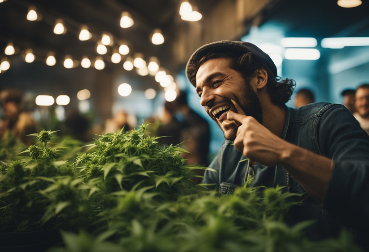 A person takes a puff of good weed, smiling with pleasure. They then grimace after trying bad weed, spitting it out in disgust