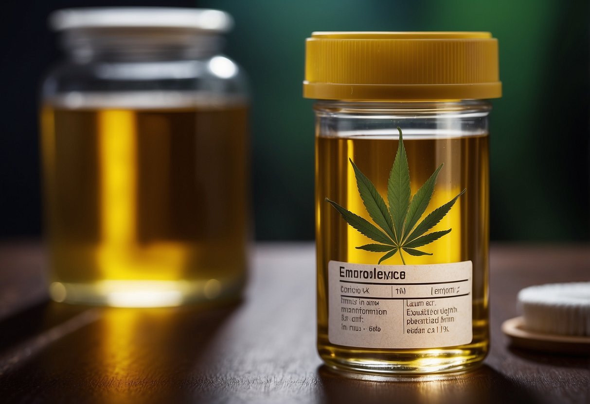 A urine sample in a clear container emits a strong, distinct odor resembling marijuana. A medical chart with related conditions is nearby